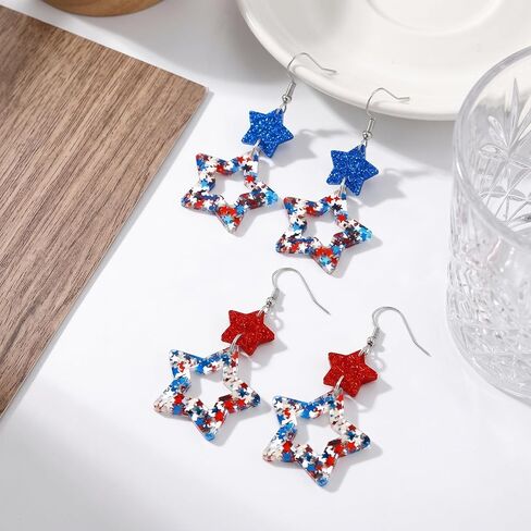 2 Pairs Patriotic American Flag Earrings 4th of July Earrings for Women Acrylic Star Dangle Earrings Independence Day Decorations USA 250th Anniversary Accessories Gifts in Saudi Arabia