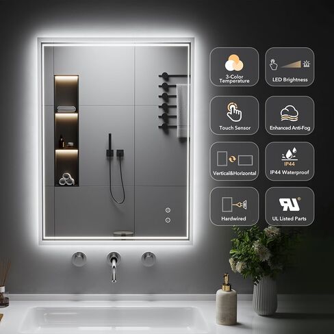 LED Bathroom Mirror, 24"x32" Vanity Mirror with Lights, IP44 Enhanced Anti-Fog, 3 Colors Dimmable, Backlit, Memory Function, Led Mirror with Light for Bathroom, Horizontal/Vertical in Kuwait