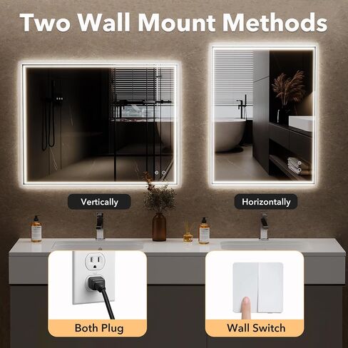 LED Bathroom Mirror, 24"x32" Vanity Mirror with Lights, IP44 Enhanced Anti-Fog, 3 Colors Dimmable, Backlit, Memory Function, Led Mirror with Light for Bathroom, Horizontal/Vertical in Kuwait