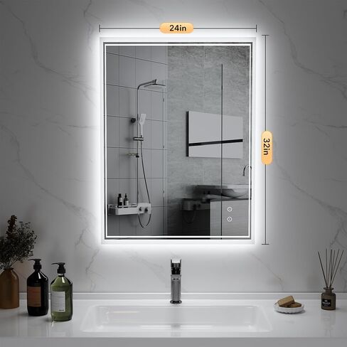 LED Bathroom Mirror, 24"x32" Vanity Mirror with Lights, IP44 Enhanced Anti-Fog, 3 Colors Dimmable, Backlit, Memory Function, Led Mirror with Light for Bathroom, Horizontal/Vertical in Kuwait