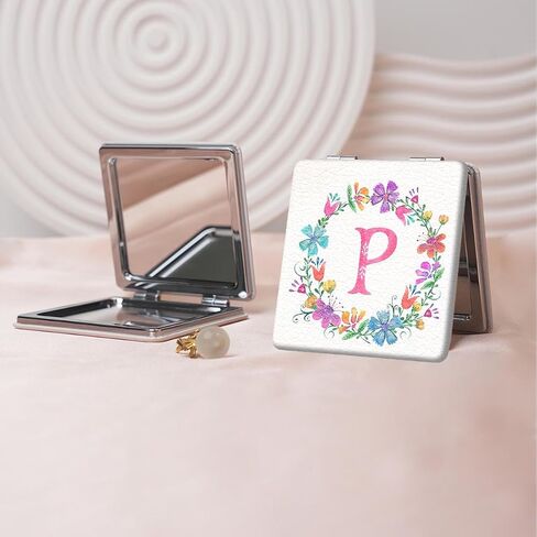 Floral Alphabet Series Portable Makeup Mirror, Foldable mini Handheld Makeup Mirror, Double-Sided flip Portable Square Contouring Mirror, Suitable for Everyone in Various Occasions in Kuwait