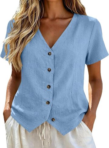 Cotton Linen Tops for Women 2026 Summer Button Down V Neck Short Sleeve Gauze Shirts Dressy Casual Vacation Clothes in Saudi Arabia