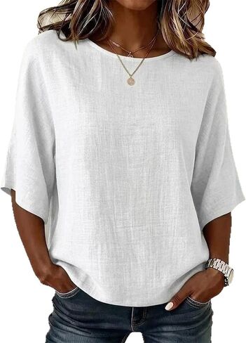 Linen Tops for Women Summer Half Sleeve Loose Fit Pullover Blouses Round Neck Lightweight Vacation Beach Shirts in Saudi Arabia