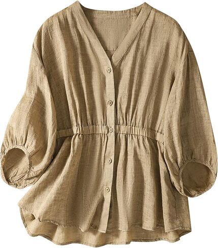 Women Cotton Linen Pleated Vintage Shirt Button V Neck Short Sleeve Plain Loose Fit Blouse Summer Casual Going Out Tops in Kuwait