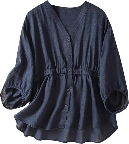 Women Cotton Linen Pleated Vintage Shirt Button V Neck Short Sleeve Plain Loose Fit Blouse Summer Casual Going Out Tops in Kuwait