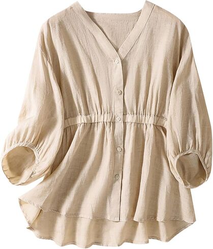 Women Cotton Linen Pleated Vintage Shirt Button V Neck Short Sleeve Plain Loose Fit Blouse Summer Casual Going Out Tops in Kuwait