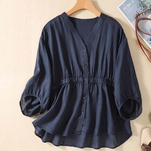 Women Cotton Linen Pleated Vintage Shirt Button V Neck Short Sleeve Plain Loose Fit Blouse Summer Casual Going Out Tops in Kuwait