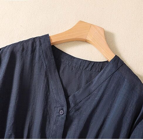 Women Cotton Linen Pleated Vintage Shirt Button V Neck Short Sleeve Plain Loose Fit Blouse Summer Casual Going Out Tops in Kuwait