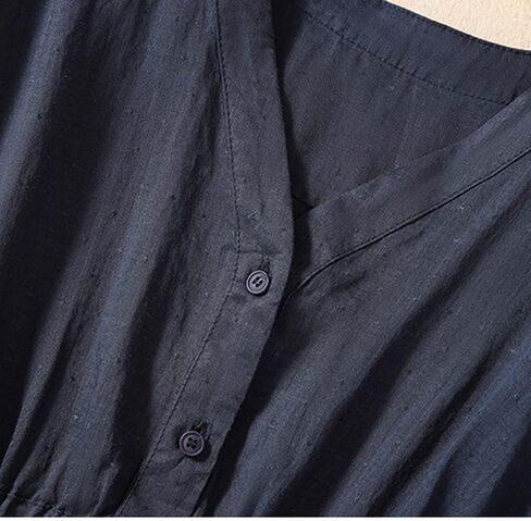 Women Cotton Linen Pleated Vintage Shirt Button V Neck Short Sleeve Plain Loose Fit Blouse Summer Casual Going Out Tops in Kuwait
