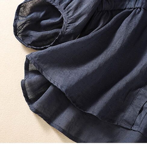 Women Cotton Linen Pleated Vintage Shirt Button V Neck Short Sleeve Plain Loose Fit Blouse Summer Casual Going Out Tops in Kuwait