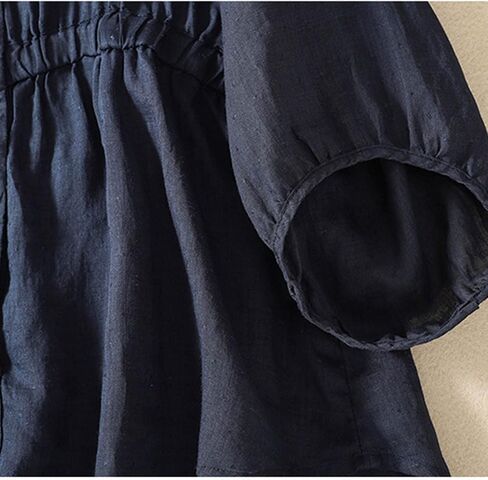 Women Cotton Linen Pleated Vintage Shirt Button V Neck Short Sleeve Plain Loose Fit Blouse Summer Casual Going Out Tops in Kuwait