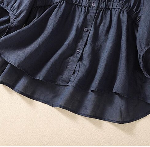 Women Cotton Linen Pleated Vintage Shirt Button V Neck Short Sleeve Plain Loose Fit Blouse Summer Casual Going Out Tops in Kuwait