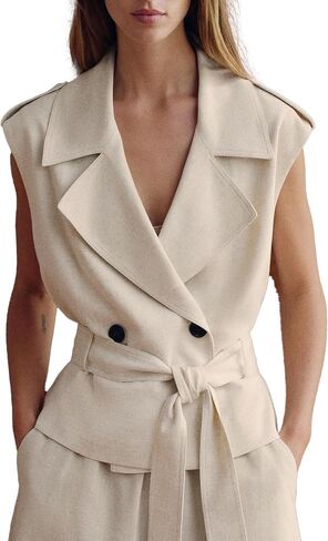 Womens Linen Tank Top Lapel Collar Sleeveless Double Breasted Belted Waist Tops Lightweight Soft Business Office Vest in Kuwait