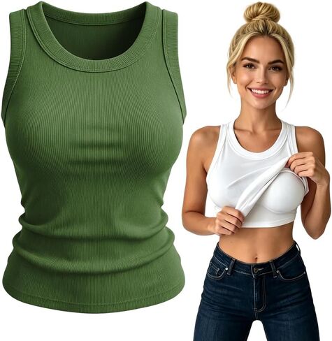 Tank Top with Built in Bra, Built-in Bra Tank Tops for Women, Sleeveless Shirts Ribbed Fitted Summer Casual Top in Saudi Arabia