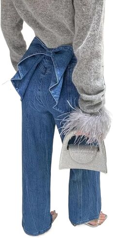 Y2k Bow Denim Wide - Leg Jeans for Women Vintage Streetwear Y2K Bow High-Waist Denim Pants in Saudi Arabia