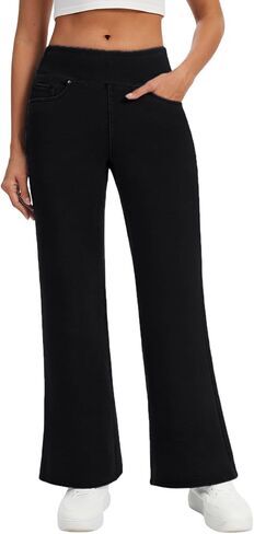 Women's High Waisted Jeans Pants Stretchy Pull On Bootcut Flare Jean Leggings with Pockets Wide Leg Casual Trousers in Saudi Arabia