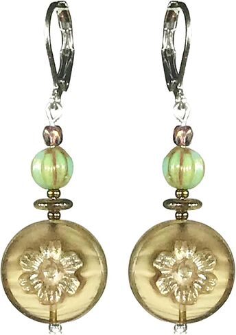 CariCat Designs Handmade Boho Chic Etched Silver/Gold Flower on Czech Glass Medallion with Turquoise Vintage Wash Czech Glass Beaded Drop Dangle Earrings - French Wire Lever Backs in Saudi Arabia