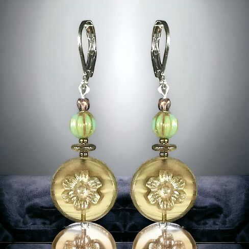 CariCat Designs Handmade Boho Chic Etched Silver/Gold Flower on Czech Glass Medallion with Turquoise Vintage Wash Czech Glass Beaded Drop Dangle Earrings - French Wire Lever Backs in Saudi Arabia