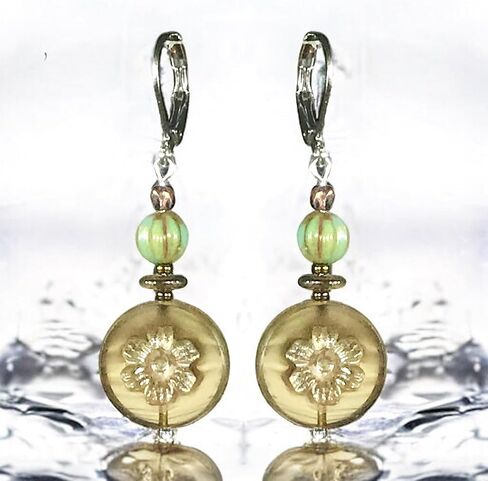 CariCat Designs Handmade Boho Chic Etched Silver/Gold Flower on Czech Glass Medallion with Turquoise Vintage Wash Czech Glass Beaded Drop Dangle Earrings - French Wire Lever Backs in Saudi Arabia