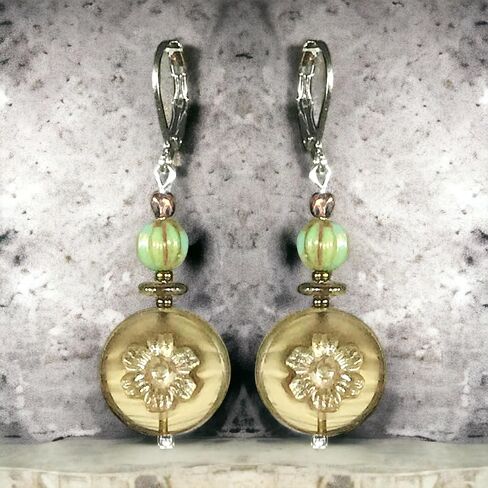 CariCat Designs Handmade Boho Chic Etched Silver/Gold Flower on Czech Glass Medallion with Turquoise Vintage Wash Czech Glass Beaded Drop Dangle Earrings - French Wire Lever Backs in Saudi Arabia