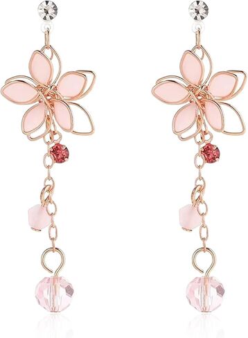 Cute Cherry Blossoms Dangle Stud Earrings for Women Pink Crystal Diamond Dangling Charm Flower Leaf Threader Earring Jewelry Gift in Saudi Arabia