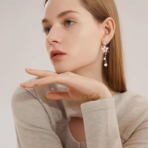 Cute Cherry Blossoms Dangle Stud Earrings for Women Pink Crystal Diamond Dangling Charm Flower Leaf Threader Earring Jewelry Gift in Saudi Arabia