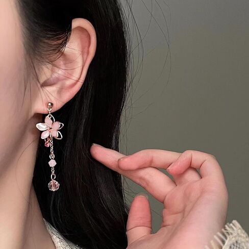 Cute Cherry Blossoms Dangle Stud Earrings for Women Pink Crystal Diamond Dangling Charm Flower Leaf Threader Earring Jewelry Gift in Saudi Arabia