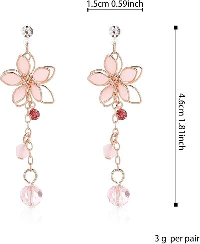 Cute Cherry Blossoms Dangle Stud Earrings for Women Pink Crystal Diamond Dangling Charm Flower Leaf Threader Earring Jewelry Gift in Saudi Arabia