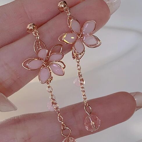Cute Cherry Blossoms Dangle Stud Earrings for Women Pink Crystal Diamond Dangling Charm Flower Leaf Threader Earring Jewelry Gift in Saudi Arabia