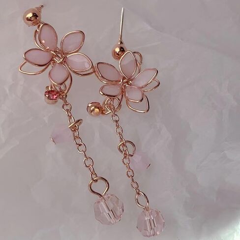 Cute Cherry Blossoms Dangle Stud Earrings for Women Pink Crystal Diamond Dangling Charm Flower Leaf Threader Earring Jewelry Gift in Saudi Arabia