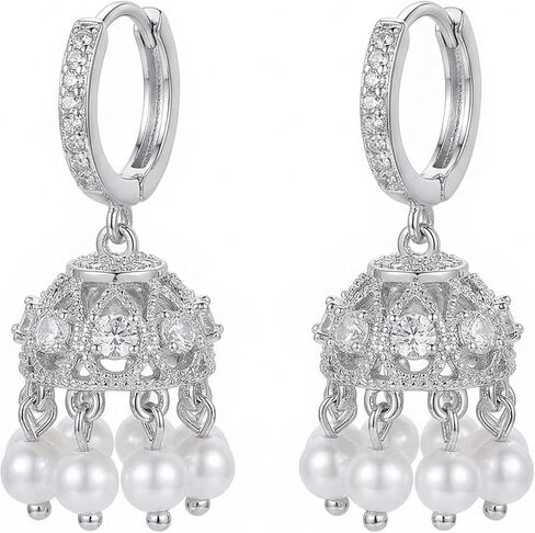 Dainty Jhumka Bell Pearl CZ صغير هوب متدلي أقراط للنساء 925 فضة دبوس مطرز باللؤلؤ شرابة هندية تقليدية بوليوود Jhumki Huggie Hoops حلق بوهو مجوهرات الزفاف الزفاف in Kuwait