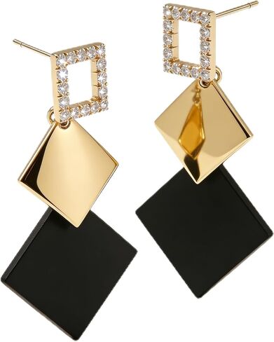 Black & Gold Geometric Square Dangle Earrings for Women, Statement Minimalist Rhinestone Earrings, Trendy Fashion Earrings for Parties, Daily Wear in Saudi Arabia