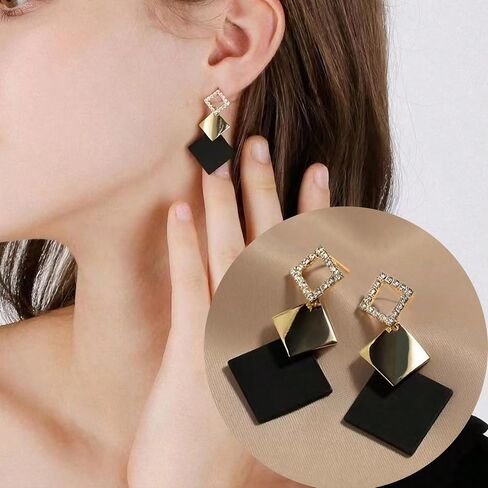 Black & Gold Geometric Square Dangle Earrings for Women, Statement Minimalist Rhinestone Earrings, Trendy Fashion Earrings for Parties, Daily Wear in Saudi Arabia