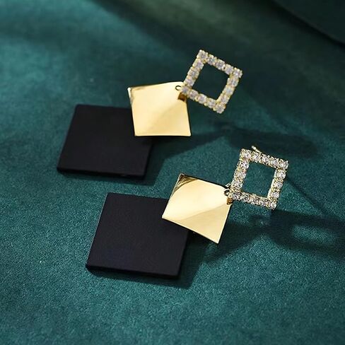 Black & Gold Geometric Square Dangle Earrings for Women, Statement Minimalist Rhinestone Earrings, Trendy Fashion Earrings for Parties, Daily Wear in Saudi Arabia