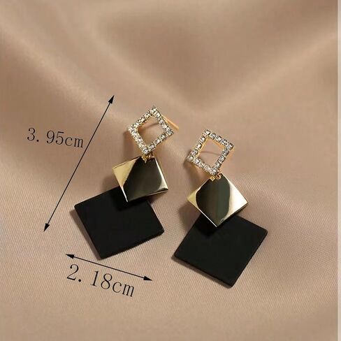 Black & Gold Geometric Square Dangle Earrings for Women, Statement Minimalist Rhinestone Earrings, Trendy Fashion Earrings for Parties, Daily Wear in Saudi Arabia