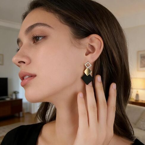 Black & Gold Geometric Square Dangle Earrings for Women, Statement Minimalist Rhinestone Earrings, Trendy Fashion Earrings for Parties, Daily Wear in Saudi Arabia