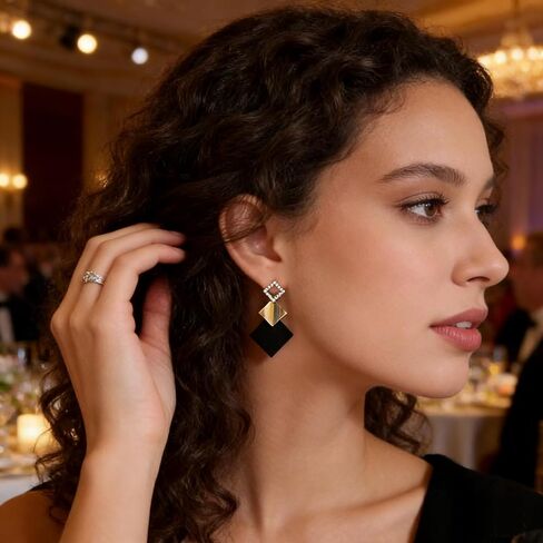 Black & Gold Geometric Square Dangle Earrings for Women, Statement Minimalist Rhinestone Earrings, Trendy Fashion Earrings for Parties, Daily Wear in Saudi Arabia