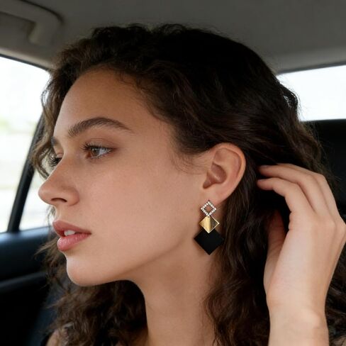 Black & Gold Geometric Square Dangle Earrings for Women, Statement Minimalist Rhinestone Earrings, Trendy Fashion Earrings for Parties, Daily Wear in Saudi Arabia