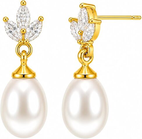 14K Gold Plated Genuine Freshwater Pearl Drop Earrings for Women, 7-8mm/8-9mm Pearl Dangle Stud Earrings, Dainty 5A Cubic Zirconia Earrings, Elegant Bridal Wedding Jewelry Gift with Box in Saudi Arabia