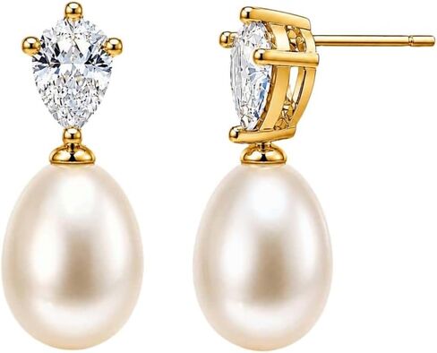 14K Gold Plated Genuine Freshwater Pearl Drop Earrings for Women, 7-8mm/8-9mm Pearl Dangle Stud Earrings, Dainty 5A Cubic Zirconia Earrings, Elegant Bridal Wedding Jewelry Gift with Box in Saudi Arabia