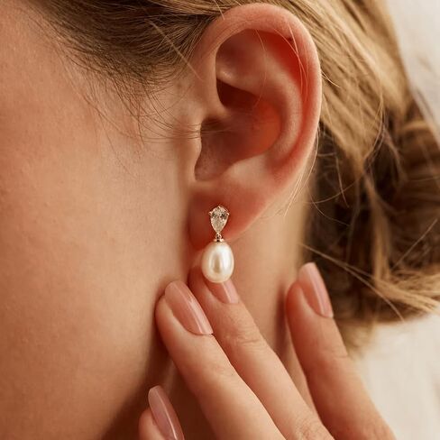 14K Gold Plated Genuine Freshwater Pearl Drop Earrings for Women, 7-8mm/8-9mm Pearl Dangle Stud Earrings, Dainty 5A Cubic Zirconia Earrings, Elegant Bridal Wedding Jewelry Gift with Box in Saudi Arabia