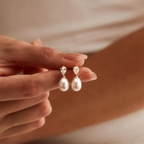 14K Gold Plated Genuine Freshwater Pearl Drop Earrings for Women, 7-8mm/8-9mm Pearl Dangle Stud Earrings, Dainty 5A Cubic Zirconia Earrings, Elegant Bridal Wedding Jewelry Gift with Box in Saudi Arabia