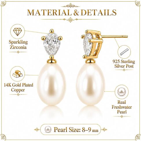 14K Gold Plated Genuine Freshwater Pearl Drop Earrings for Women, 7-8mm/8-9mm Pearl Dangle Stud Earrings, Dainty 5A Cubic Zirconia Earrings, Elegant Bridal Wedding Jewelry Gift with Box in Saudi Arabia