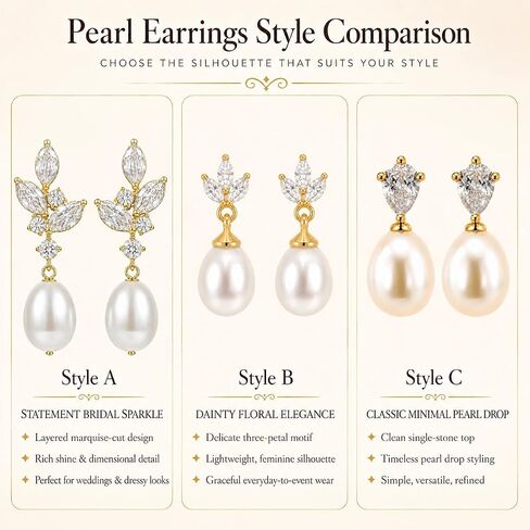 14K Gold Plated Genuine Freshwater Pearl Drop Earrings for Women, 7-8mm/8-9mm Pearl Dangle Stud Earrings, Dainty 5A Cubic Zirconia Earrings, Elegant Bridal Wedding Jewelry Gift with Box in Saudi Arabia