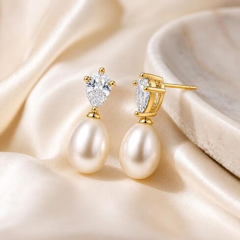 14K Gold Plated Genuine Freshwater Pearl Drop Earrings for Women, 7-8mm/8-9mm Pearl Dangle Stud Earrings, Dainty 5A Cubic Zirconia Earrings, Elegant Bridal Wedding Jewelry Gift with Box in Saudi Arabia