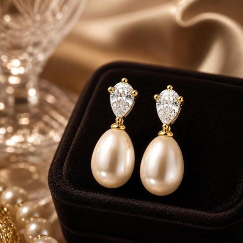 14K Gold Plated Genuine Freshwater Pearl Drop Earrings for Women, 7-8mm/8-9mm Pearl Dangle Stud Earrings, Dainty 5A Cubic Zirconia Earrings, Elegant Bridal Wedding Jewelry Gift with Box in Saudi Arabia