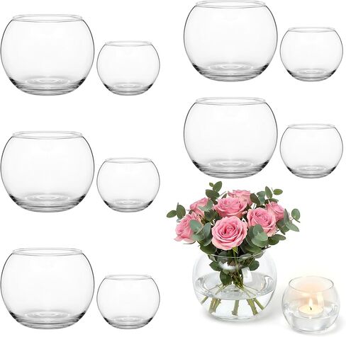 12pcs Clear Round Glass Vases Bowl Flower Vase,3.7"W X3.1"H Set of 6pcs Globe Vase 2.6"W X 2"H Set of 6pcs Candle Holder,Bud Vases in Bulk for Centerpieces,Party Decor,Table Decoration and Home Decor in Saudi Arabia