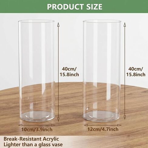 Tall Clear Acrylic Cylinder Vase Set, 2 Pack Shatterproof Plastic Vases (3.9"x15.7", 4.7"x15.7") for Long Stem Flowers & Wedding in Saudi Arabia