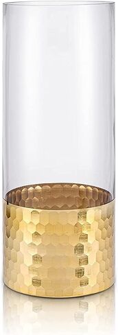 Clear Cylinder Glass Vase with Gold Honeycomb Metalic Base | Tall Vases for Flowers, Home Décor, Wedding Table Centerpieces, Gift in Kuwait