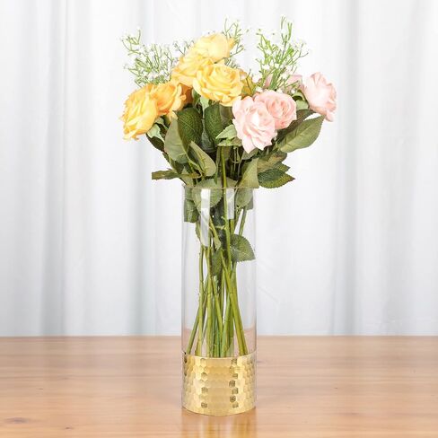 Clear Cylinder Glass Vase with Gold Honeycomb Metalic Base | Tall Vases for Flowers, Home Décor, Wedding Table Centerpieces, Gift in Kuwait
